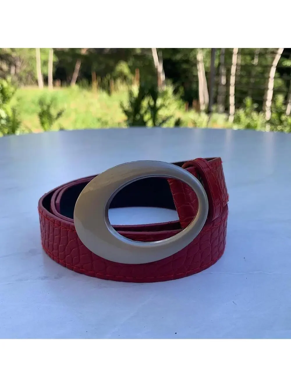 Y2k 2000s style Silver opal belt buckle with Red crocodile style leather. 39 inc